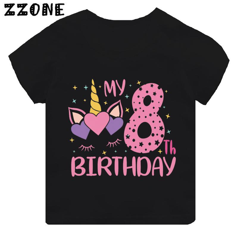 My 1 2 3 4 5 6 7 8 9 th Years Birthday Unicorn Print Cute Girls Clothes Summer Short Sleeve Kids T shirt Baby Boys TShirts