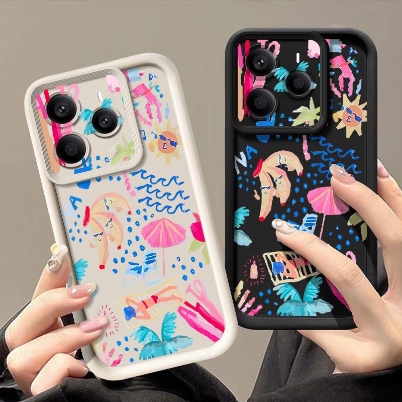 Cartoon Vacation Painting Case For Xiaomi Redmi Note 14 13 Pro 5G 4G 12 11 Funda Xiaomi 14T 13T 11T Pro Shockproof Bumper Silicone Cover