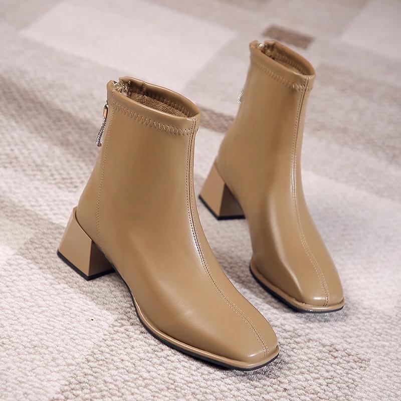 Classic Winter Autumn Ankle Boots Women's Fashion Thick Heel Square Toe Boots Casual Low Heel Sexy Retro Winter Boots
