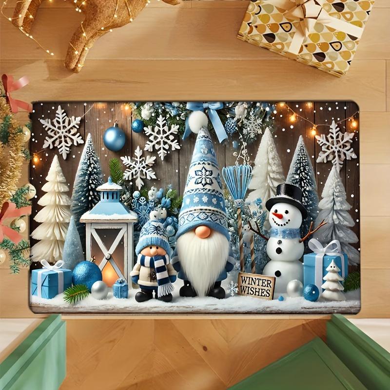 Blue Christmas Gnome Snowman Doormat, Festive Gift Lantern Design Rug, Non-Slip Machine Washable Holiday Door Carpet