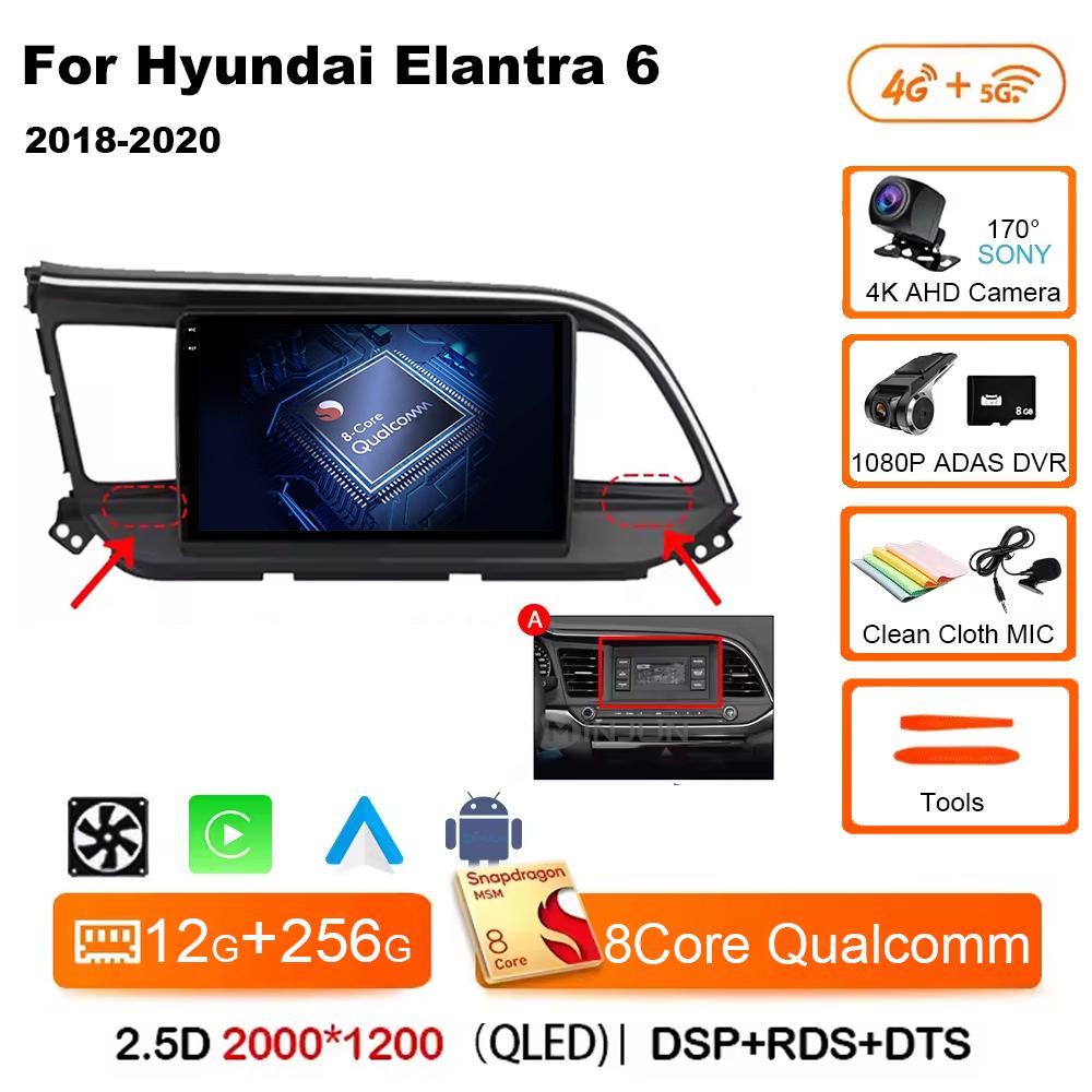 Для Hyundai Elantra 6 2018 2019 2020 Автомагнитола Мультимедиа Видео GPS Android 14 Беспроводной Apple Carplay QLED Экран Головное устройство
