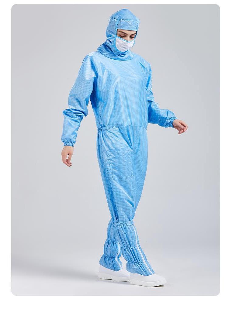 Class 100 Antistatic Cleanroom Suit with Diagonal Zipper, White/Blue