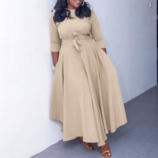 Plus-Size African Women's Big Swing Dress with Stand-Up Collar and Three-Quarter Sleeves