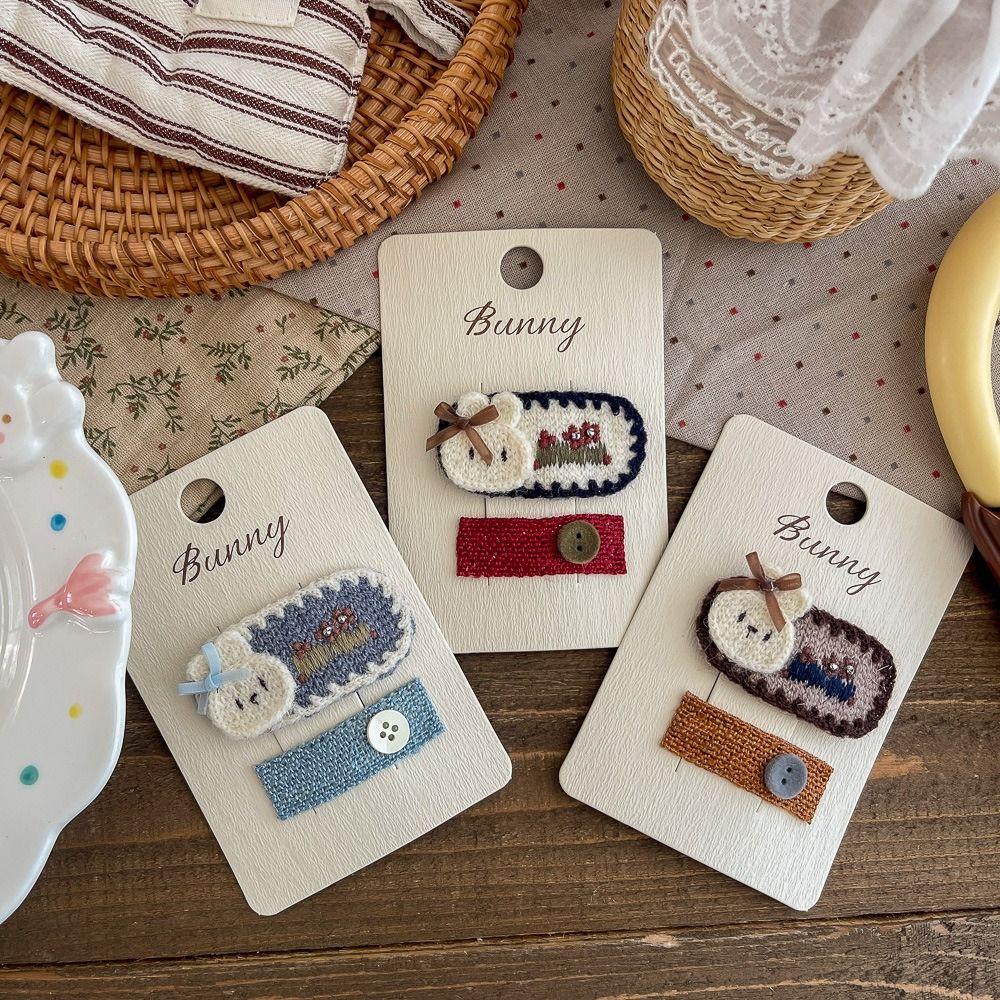 Button Design Rabbit Hair Clip Wool Material BB Hair Clip Cute Kids Hairpin for Kids