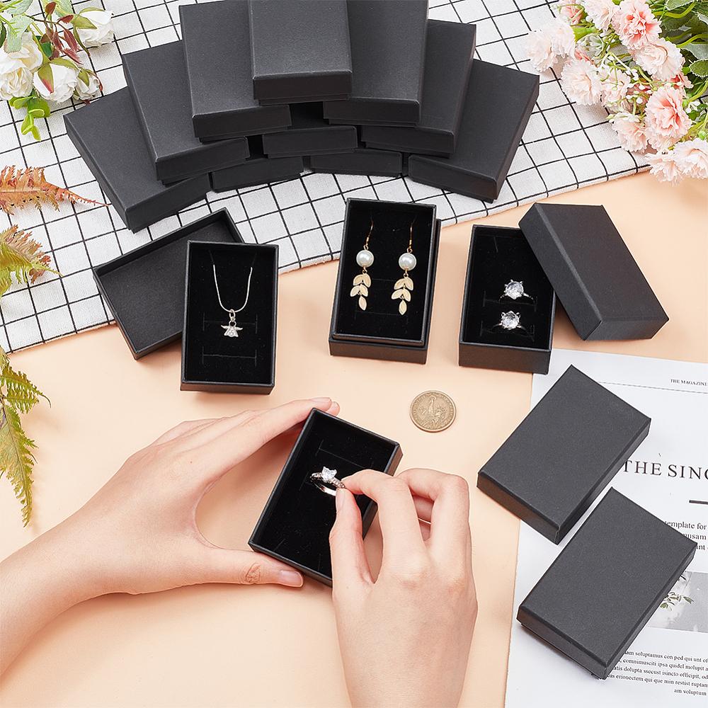24pcs Kraft Paper Cardboard Jewelry Boxes Ring Box Rectangle Black 8.7x5.5x2.8cm