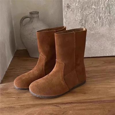 Женские нескользящие зимние ботинки на плоской подошве средней высоты из замши, зимняя обувь 2024 года, модные новые дизайнерские повседневные прогулочные туфли без застежек Botas Mujer