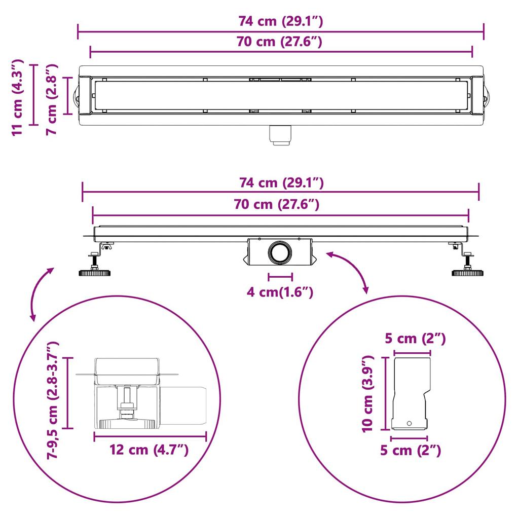 2 in 1 Shower Drain Silver 70 cm Stainless Steel 304
