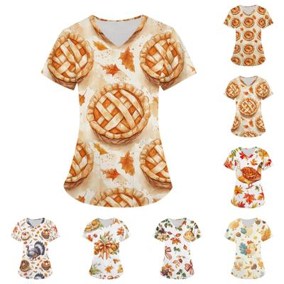 Женская мода с v-образным вырезом, короткими рукавами и карманами, топы с принтом