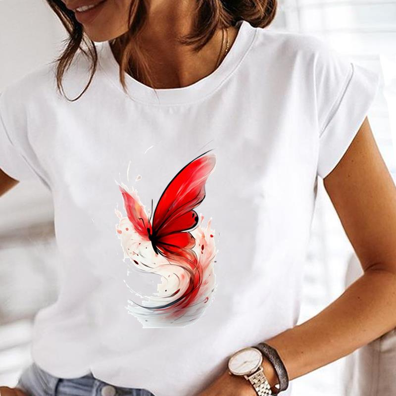 (Азиатский размер)  Топ футболка милый стиль бабочки тренд футболка с коротким рукавом женская одежда повседневная мода принт леди женская графические футболки