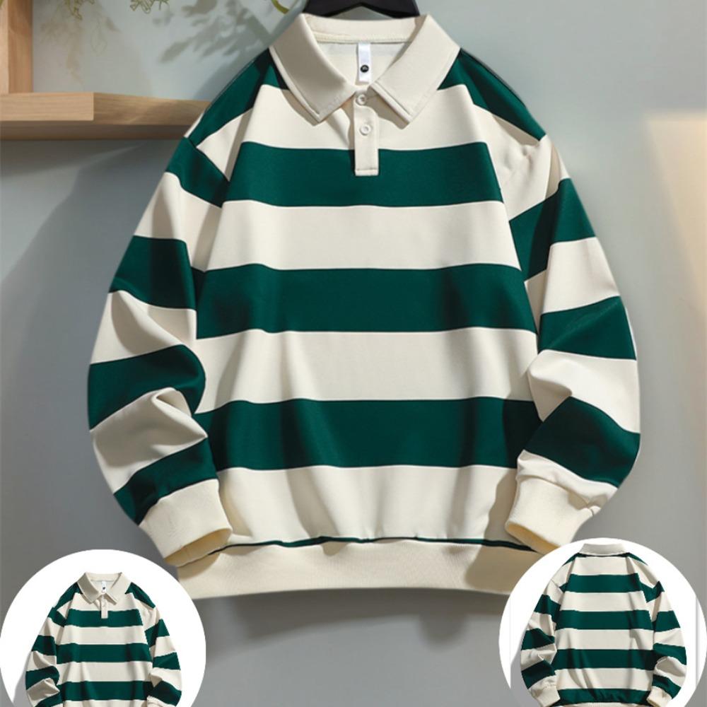 Men Long-sleeved T-shirt 2025 Autumn New Fashion Trend Striped Printing Casual Loose Outdoor Camping Lapel Top Couple POLO Shirt