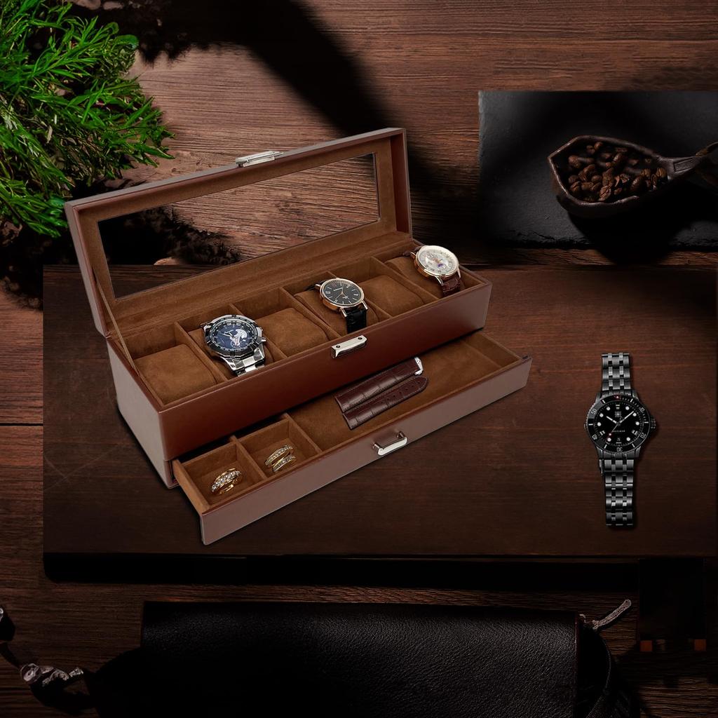 Mocamoro Часы Вмещает 6 Часов Коллекция Роскошных Часов для Подарочный Кейс из Прозрачного Стекла, Часы, Двухъярусная Коробка, Мужские, Топ, Дисплей,