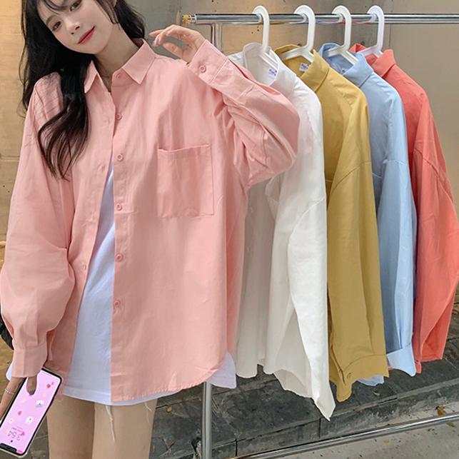 Белые длинные рукава женские однотонные свободные студенческие женские рубашки блузки черные лацканы свободные рубашки топы