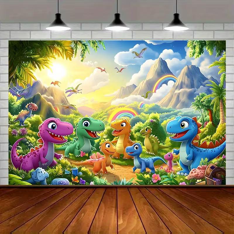 Vibrant Dinosaur World Backdrop Kids Jungle Landscape with Rainbow Photo Booth Background Banner for Party Decoration