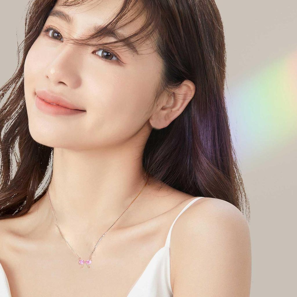 Necklace K18 Gold Ribbon Pink Picked Zirconia Pendant Bowknot Day Christmas Birthday Anniversary Wedding Women Popular Present Jewelry Gift Wrapping