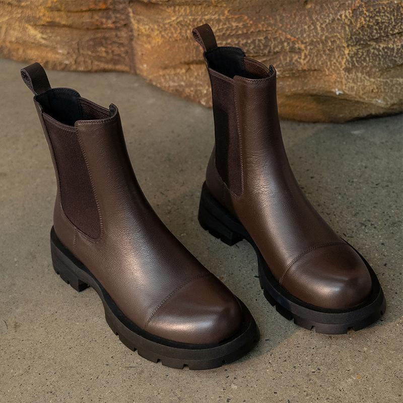 2024 Осень/Зима Обувь Женские Кожаные Ботильоны Женские Круглые Носки Толстые Каблуки Женские Туфли Однотонные Ботинки Челси Повседневные Женские Ботинки