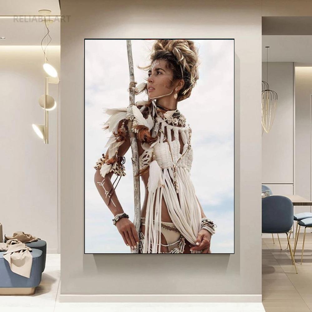 Портретные постеры для девочек в стиле бохо, холст, картина, американская девушка с перьями, женские современные настенные художественные картины для гостиной, домашний декор