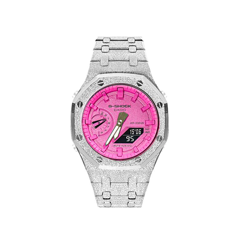 CASIO Customized watch modified series pink silver steel trend modified waterproof luminous Quartz same style for men and w FenYinGang(QuanShuangYin)