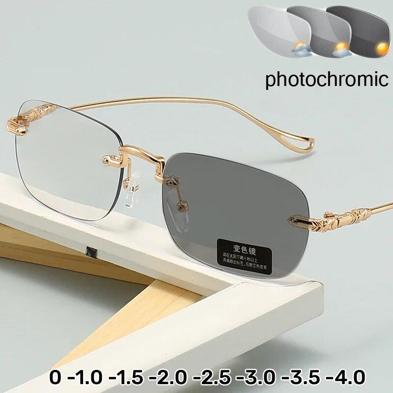 Photochromic Myopia Glasses Luxury Rectangular Square Near Sight Eyeglasses Fashion Color Changing Minus Eyewear Diopter To -4.0