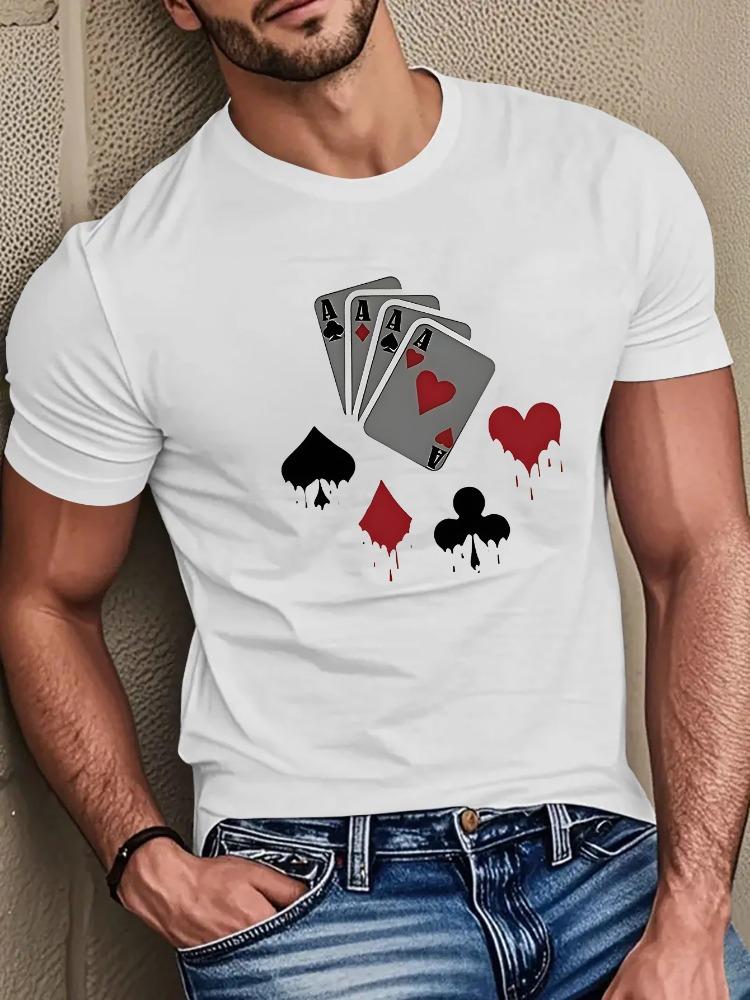 Unisex O Neck Tee Poker Four A Cards Suit Graphic Print Cotton Short Sleeve Loose Summer Breathable Daily Casual Basic Wear Top