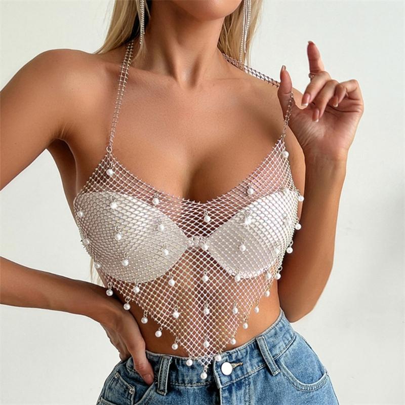 Elegant Pearls Pendant Sheer Camisole Body Chain Unique Pearls Hanging Body Chain Elegant Body Accessory for Trendsetter