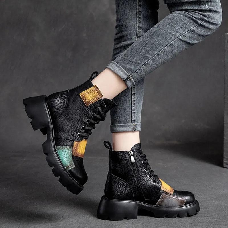 Thick-heeled Boots Women's Spring and Autumn Soft Leather Color Short Boots High-heeled Waterproof Platform Retro Single Boot