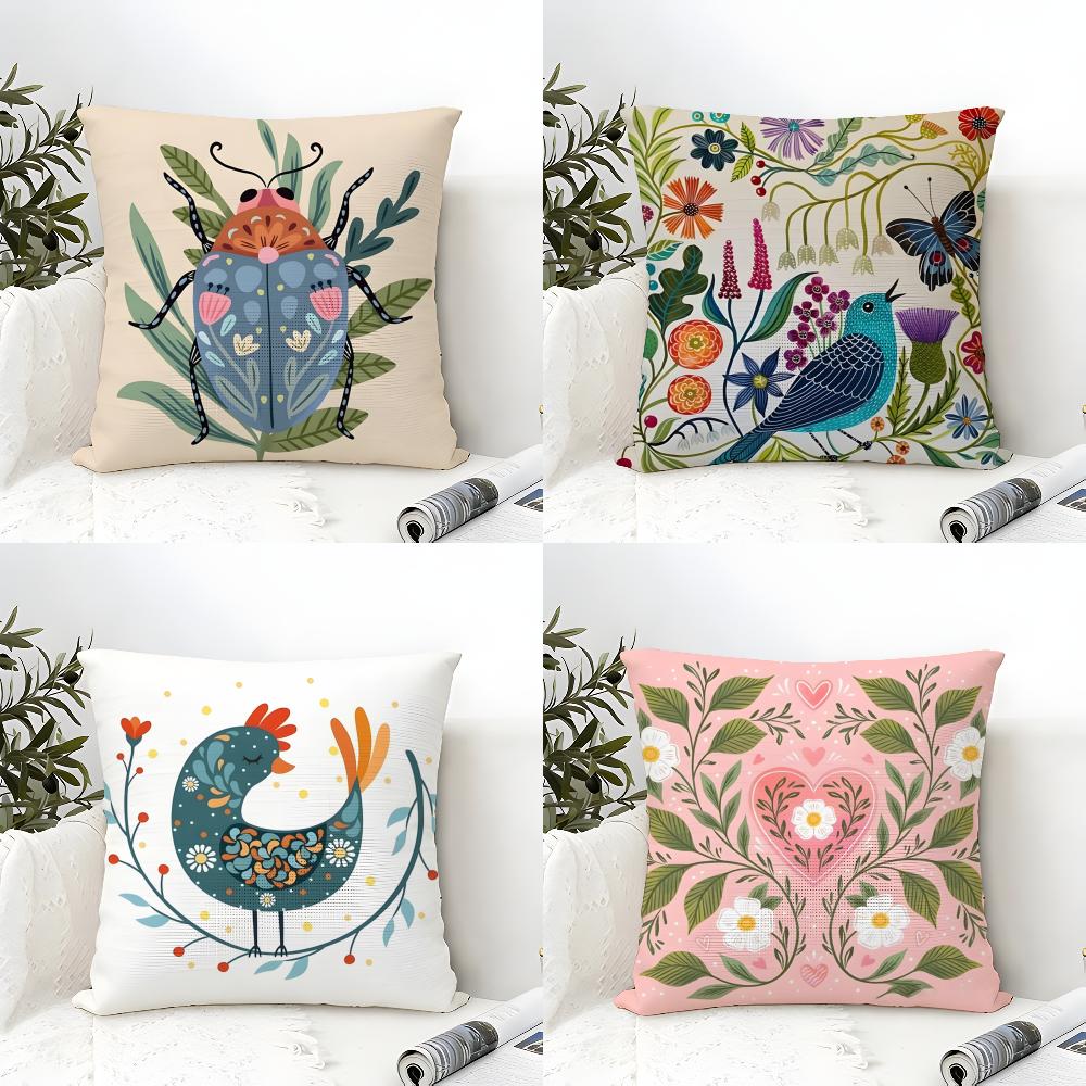 Butterfly Bird And Flower Print Pillow Case Cotton Linen Fabric Square Zipper Pillowcase Home Decorative Living Room