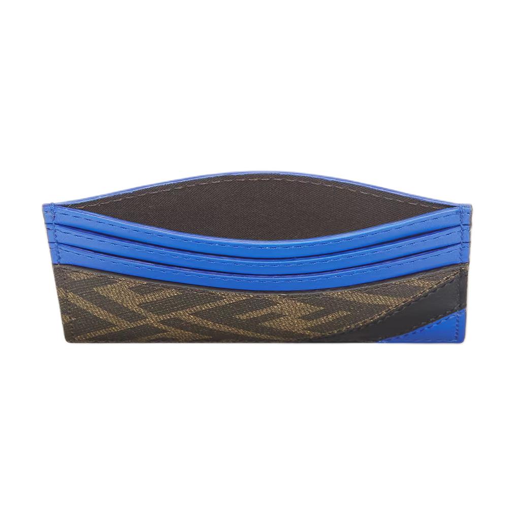 Fendi Diagonal Striped Texture Ff Pattern Calfskin Card Holder Men'S Blue And Brown