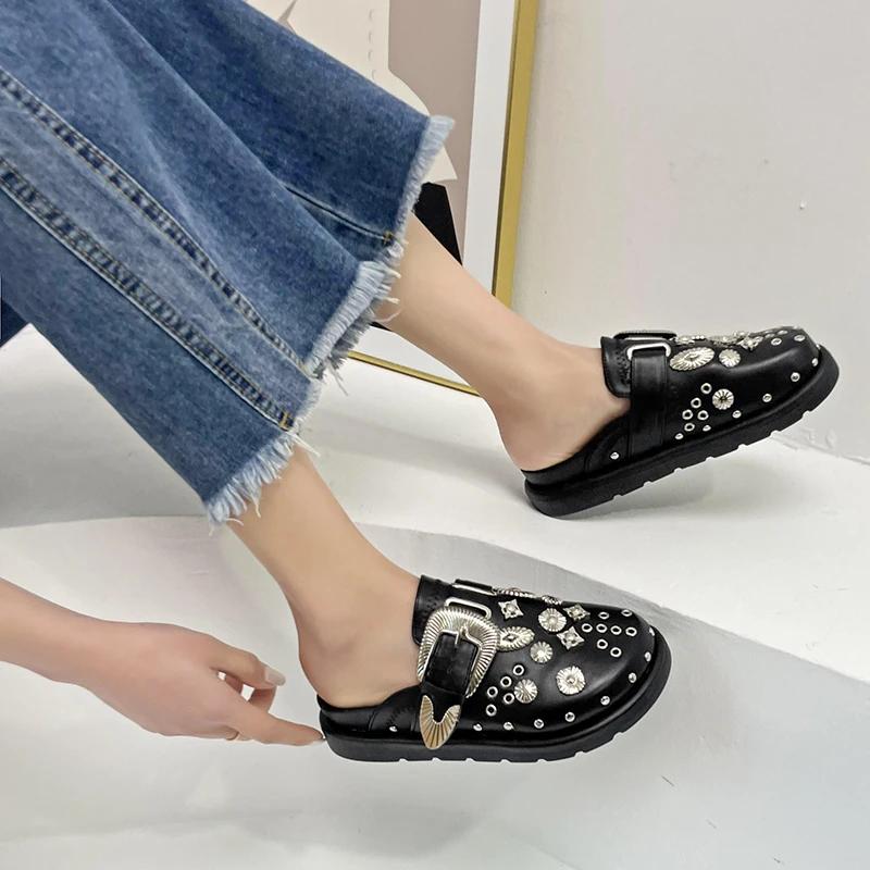 Fashion 2024 New Summer Women Slippers Platform Rivets Punk Rock Leather Mules Creative Metal Fittings Casual Party Shoes Female Outdoor
