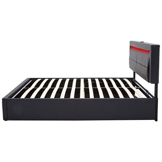 Upholstered Bed 140 x 190cm, with USB Port (Supports Wireless And Wired Charging), with LED Lighting And Storage Space, without Mattress, Faux Leather