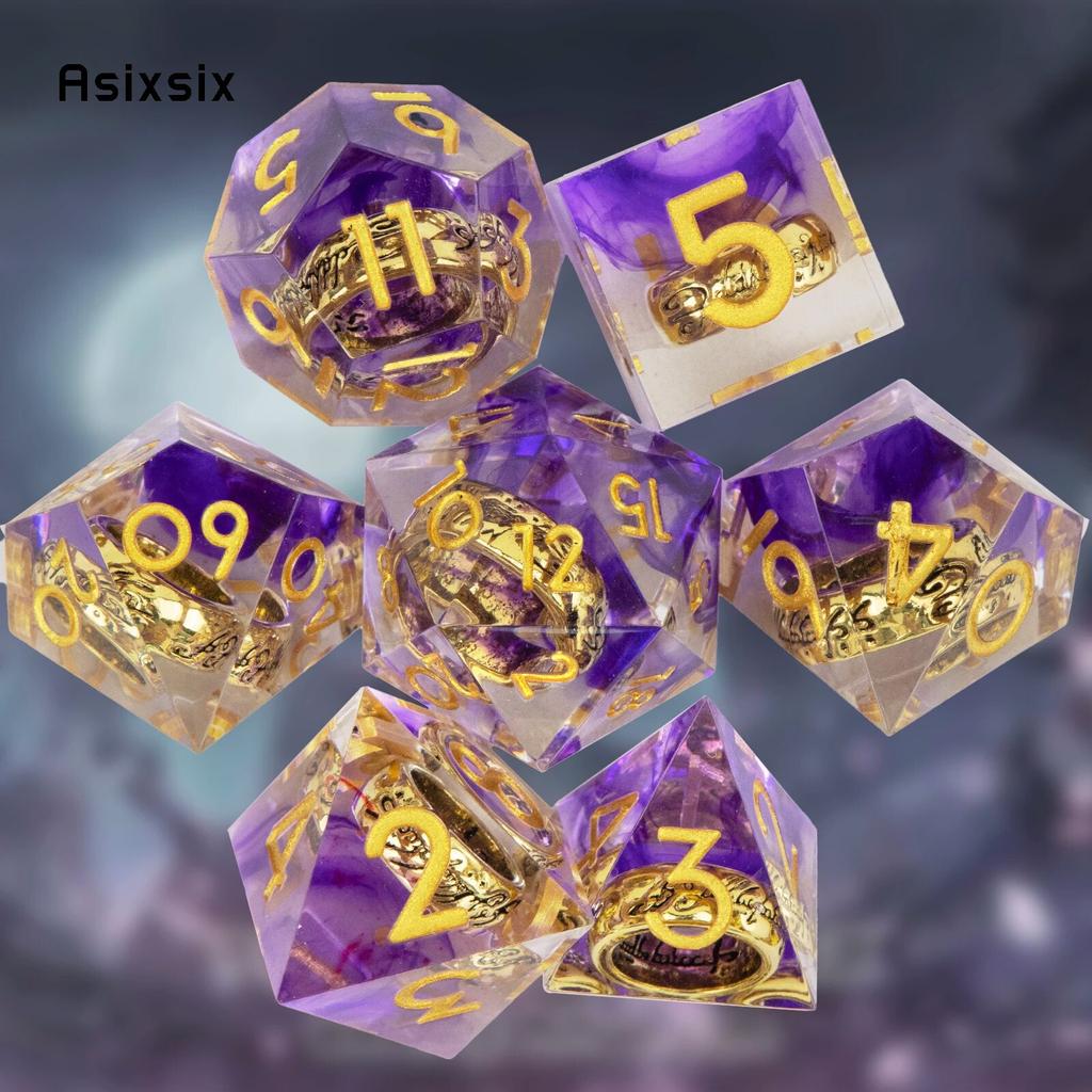 7 Pcs  Purple Resin Ring Golden Number Sharp Edge Dice Polyhedral Dice Suitable for Role-Playing RPG  Board Game