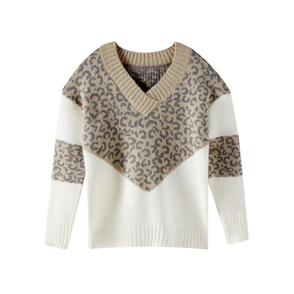 Autumn and Winter Women's Sweater Leopard Print Knit Sweater V-Neck Patchwork Women's Sweater