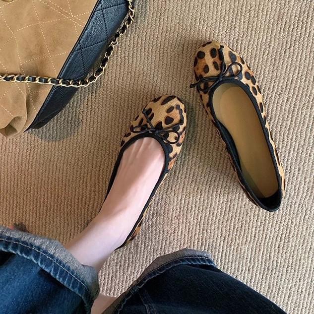 Версия из овчины~ кожаный французский бант леопардовый принт одинарная обувь женская осенняя новая плоские балетки с мелким вырезом туфли Мэри Джейн