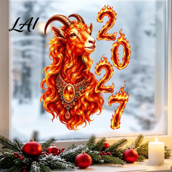 Holiday Glass Surface Decor 2027 Year of Goat Window Cling Lunar New Zodiac Decorative Shop Signs Sticker Flame Style Spring Festival Door for Home