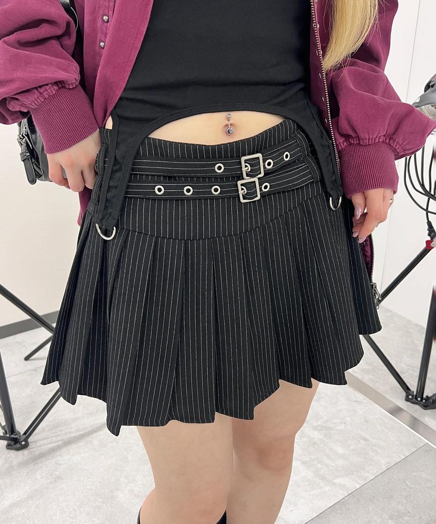 WEGO Figments Double Belt Striped Pleated Mini Korean Size Black Skirt, Style, Women's, M,