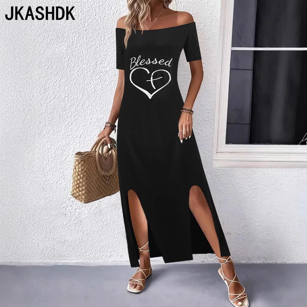 JKASHDK Женская мода лето весна Love Letter Print короткий рукав одно плечо свободная талия повседневные платья