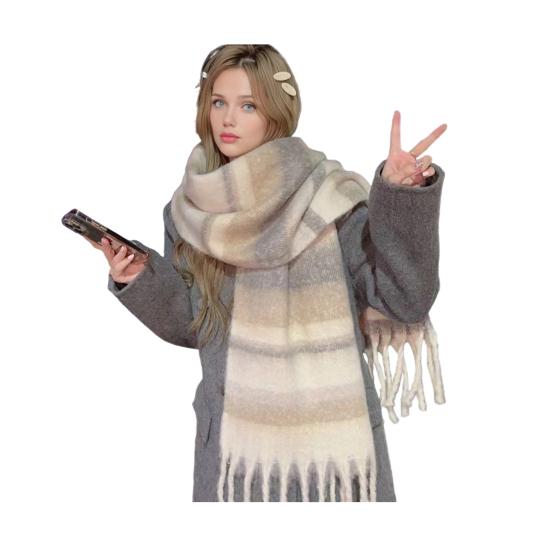 Winter Scarf Cashmere Feel Plush Scarf with Tassel Decoration Thickened Warm Plaid Pattern Winter