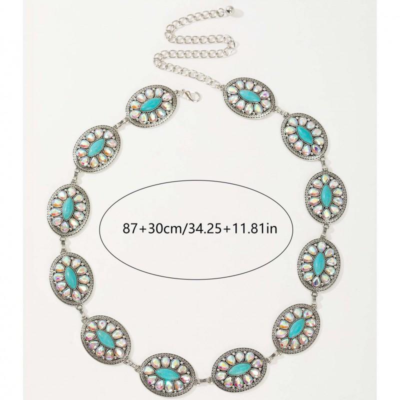 Womens Bohemian Waist Chain Belt With Turquoise Floral Inlay Minimalist Metal Adjustable 115cm Length