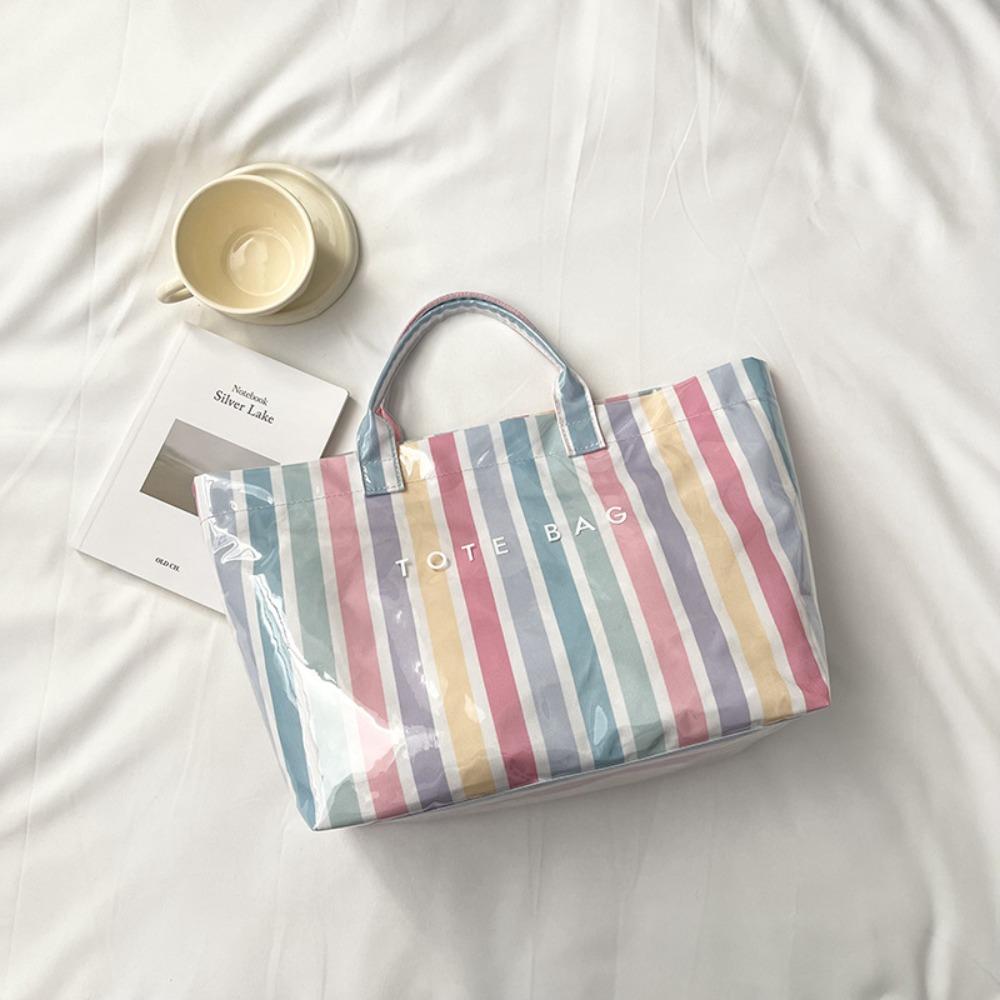 Stripe PVC Striped Tote Bag Letter Print Letter Prints Handbags Grocery Handbag