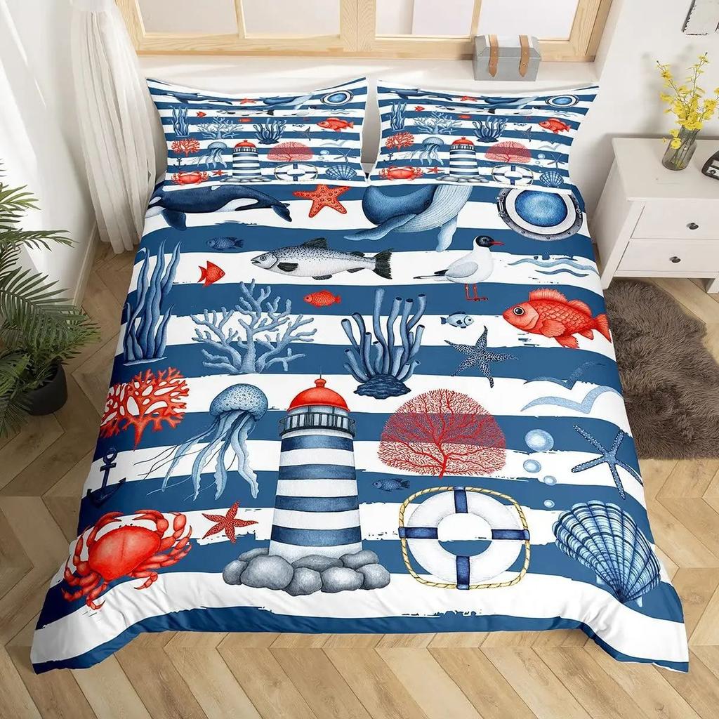 Vintage Nautical Anchor Duvet Cover Set Sailing Lighthouse Bedding Cover With Pillowcase Quilt Cover Three-Piece Set