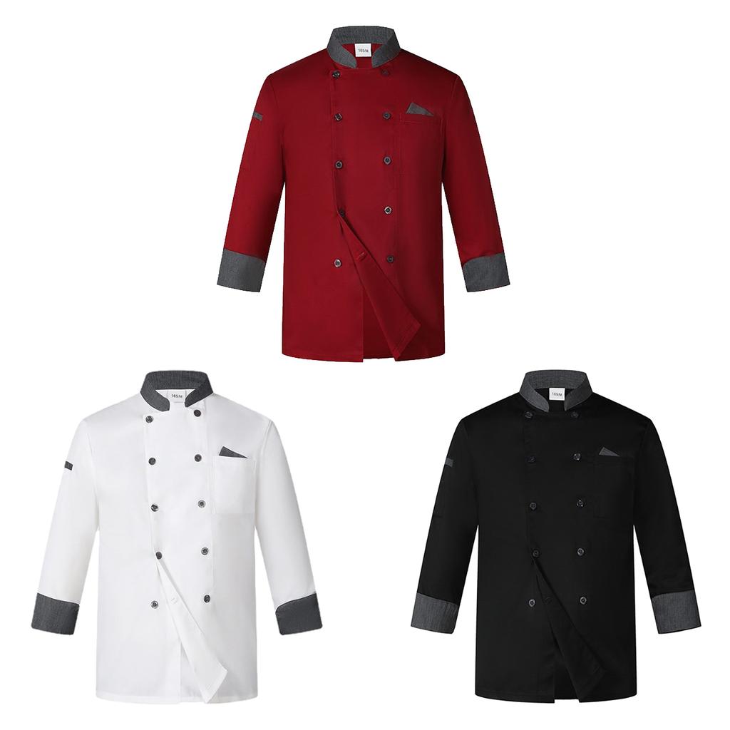 Unisex Double Breasted Chef Coat Long Sleeve Stand Collar Contrast Trim Cook Jacket for Restaurant Hotel Kitchen Staff