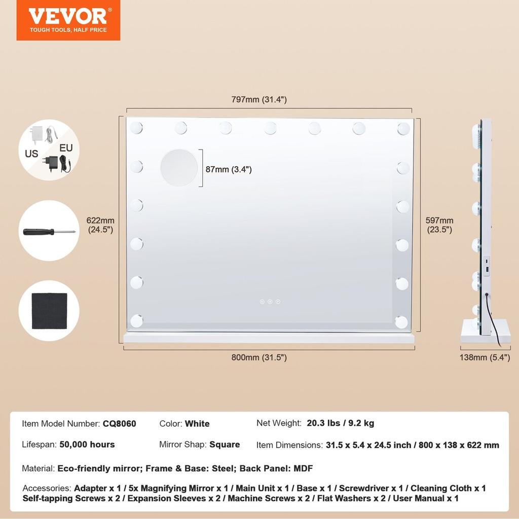 Hollywood Vanity Mirror With Lights w/ USB Type C Desktop Wallmount 23.6in