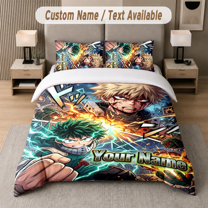 My Hero Academia 3Pcs Bedding Set, Personalized Custom Name Text, 1 Duvet Cover & 2 Pillowcases For Bedroom