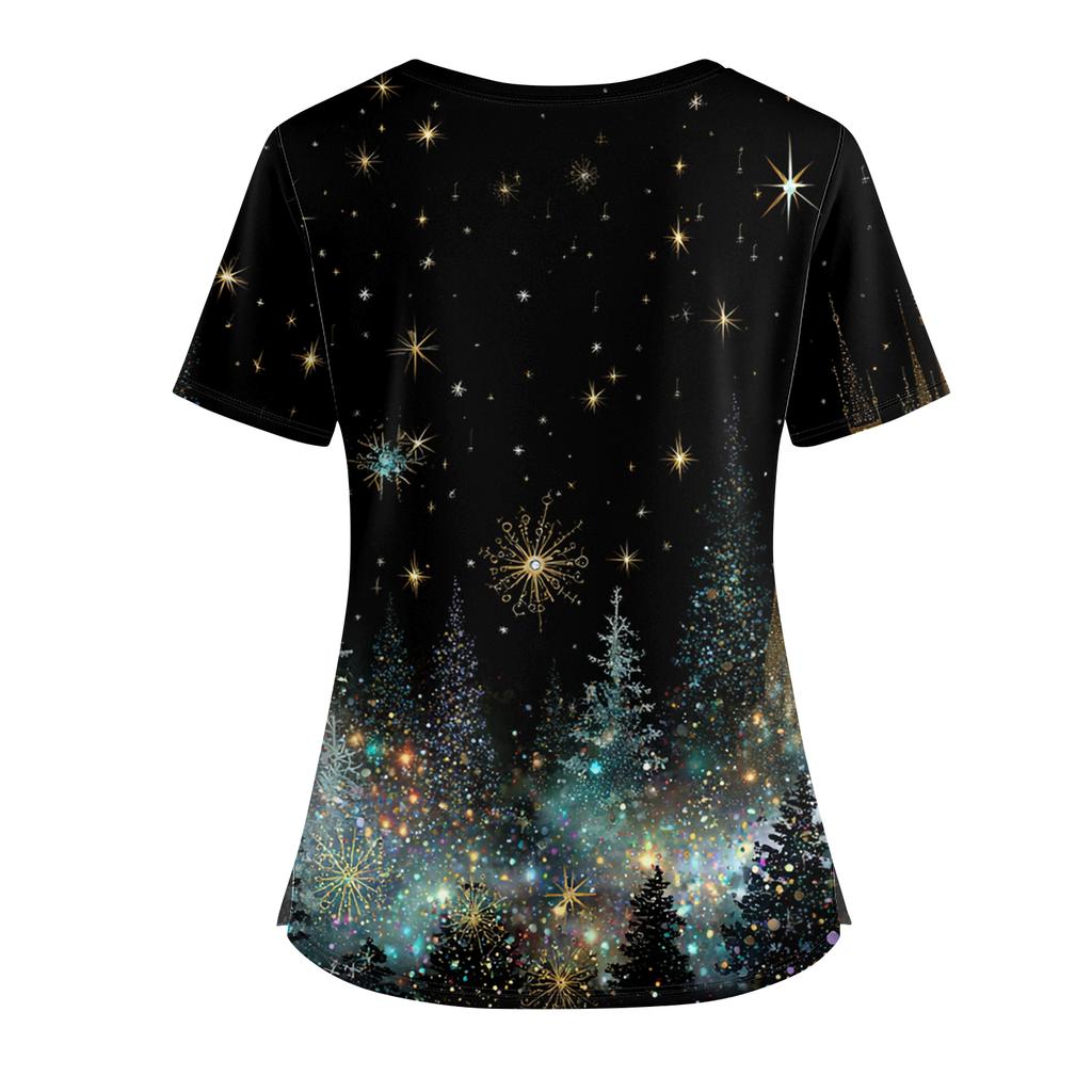 Женский рождественский топ с принтом, V-образным вырезом, двумя карманами, короткими рукавами, разрезом по подолу, униформа для сиделки