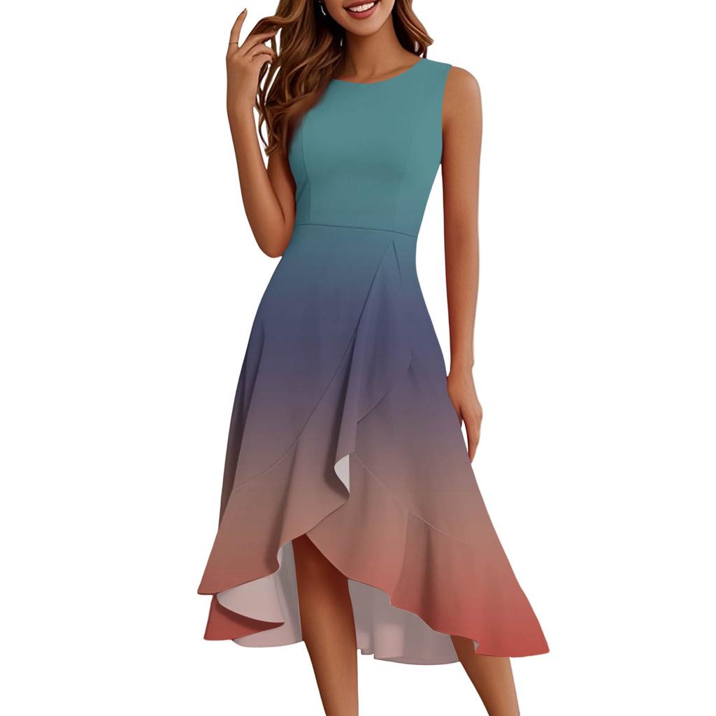 Женские модные повседневные платья без рукавов с круглым вырезом и принтом, элегантные, темпераментные, с оборками