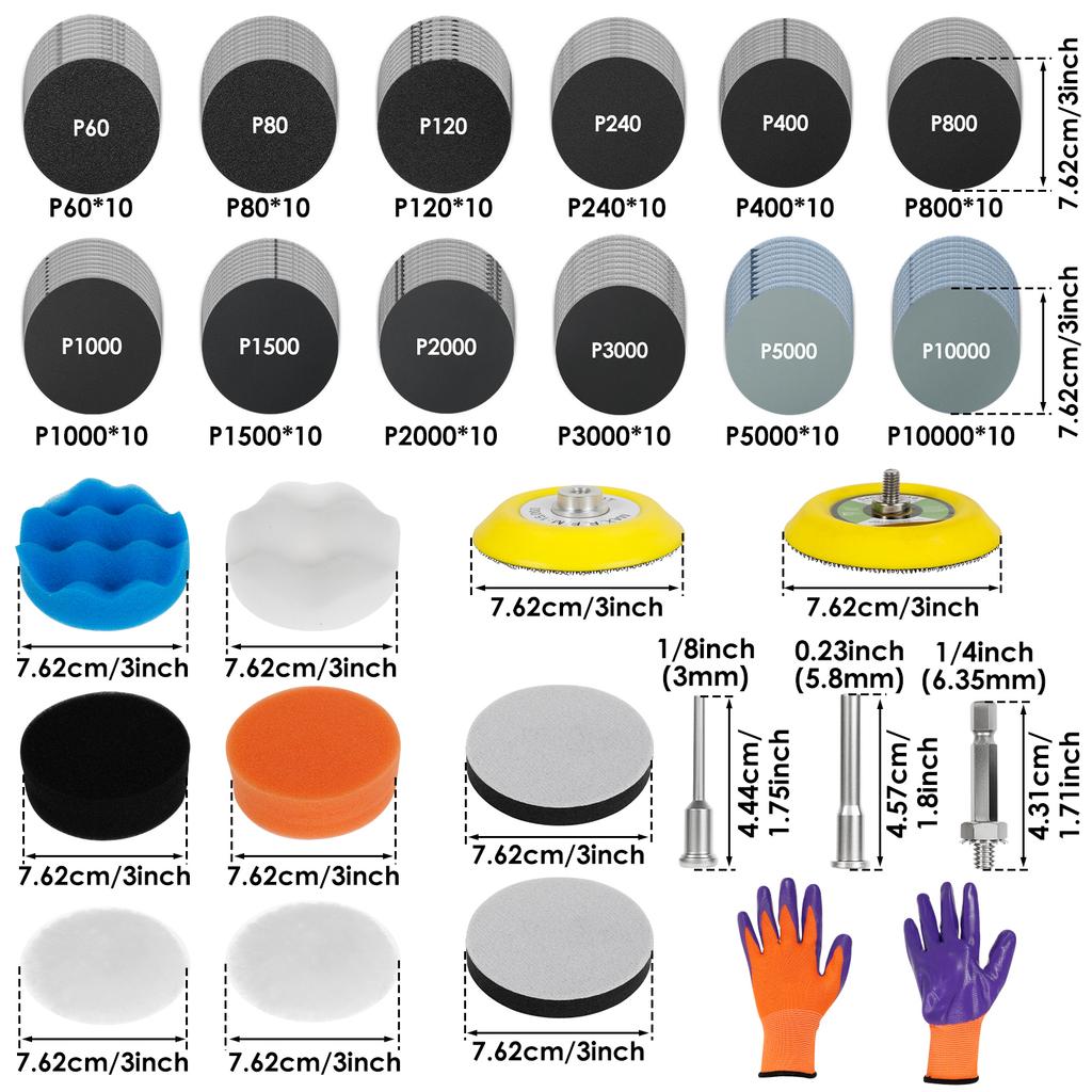 Sandpaper Polishing Set 3 Inch Wet Dry Hook and Loop Sandpaper Pad Assorted 60-10000 Grit Fine Polishing Waxing for Car Metal
