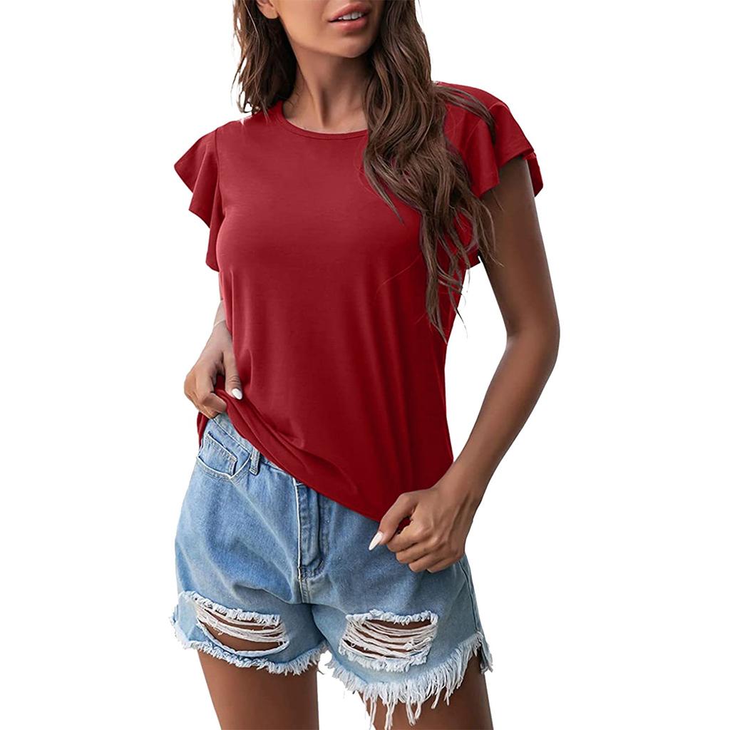 Женская мода с круглым вырезом и рюшами с коротким рукавом, однотонная повседневная футболка
