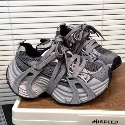 Парижские кроссовки на толстой подошве с ремешком, увеличивающие рост, женские зимние новые бархатные хлопковые туфли в стиле ретро, серые, повседневные спортивные туфли, тренд