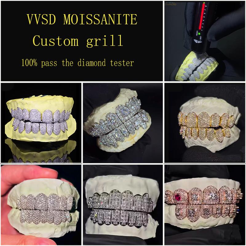Custom 925 Solid Silver Iced Diamond Grillz 18K Gold Plated VVS Moissanite Hip Hop Jewelry Passes Diamond Tester