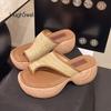 Fashion Brand Design Wooden Clog Mules Woamn Fashion Straw Weaved Thong Sandals Ladies Fashion Platform Linen Flip Flop Shoes