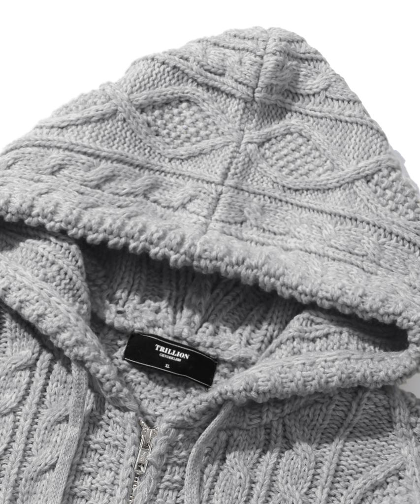 TRILLION Washable Aran Cable Hooded Zip-Up Knit (Melange Gray)